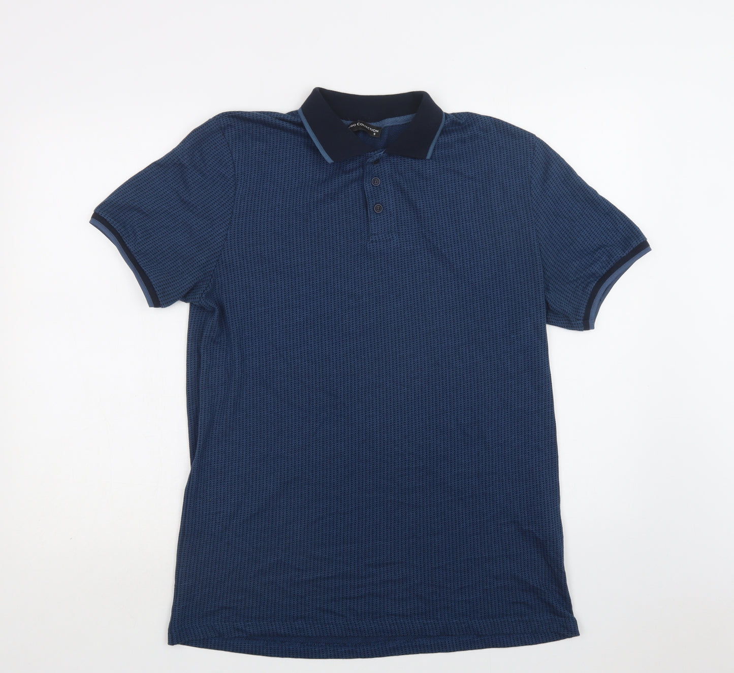 Mudo Mens Blue Geometric Polyester  Polo Size S Collared Button
