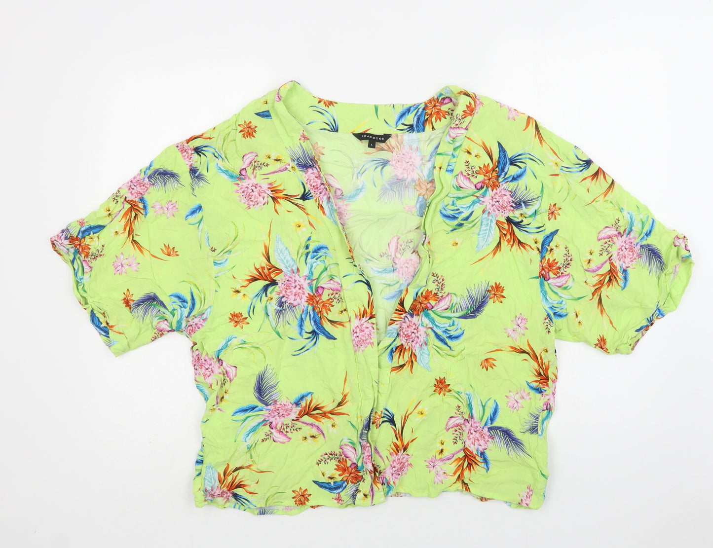 Peacocks Womens Green Floral Viscose Kimono Blouse Size L V-Neck