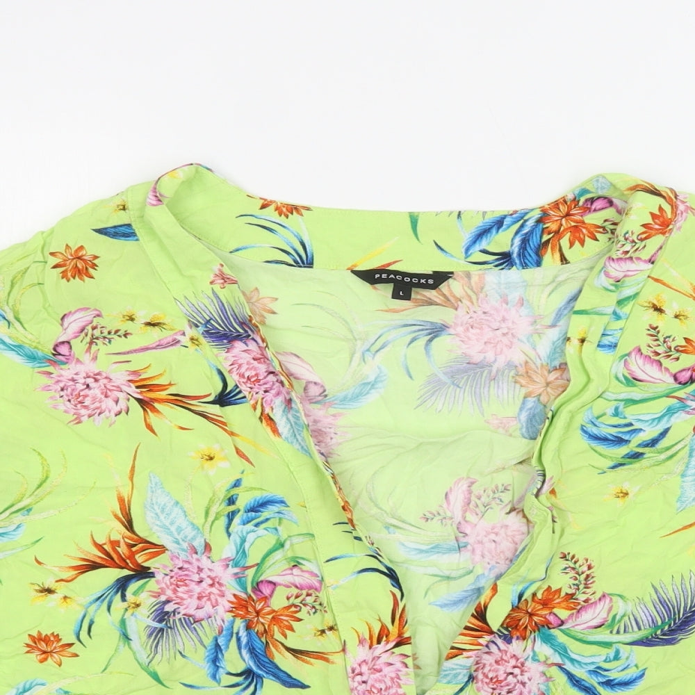 Peacocks Womens Green Floral Viscose Kimono Blouse Size L V-Neck