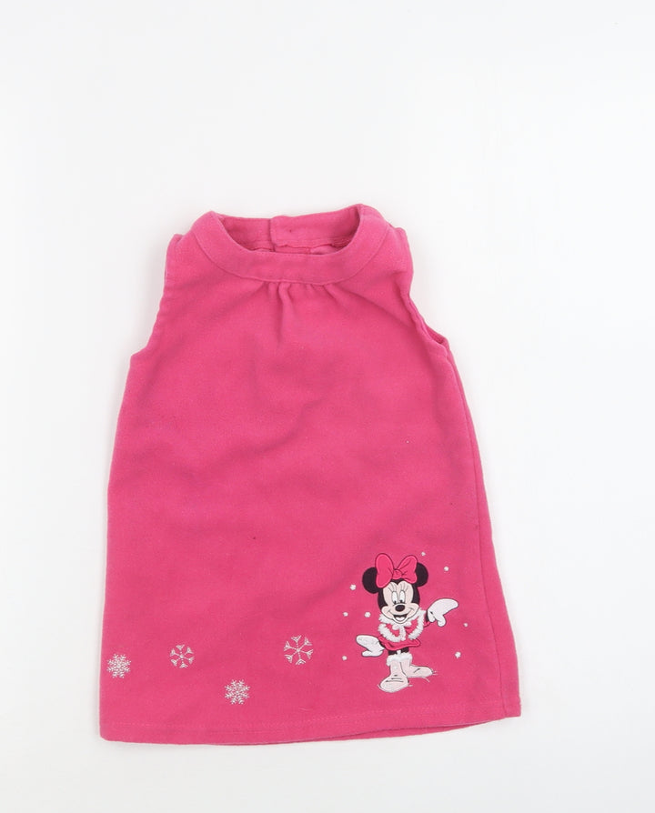 Disney Baby Pink Polyester A-Line Size 12-18 Months Crew Neck Button - Mickey Mouse