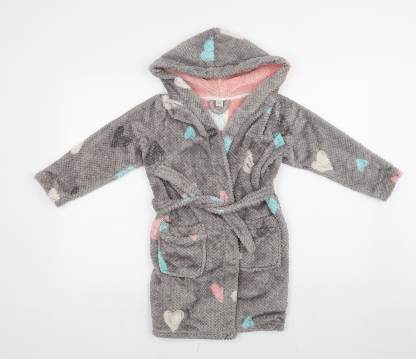 TU Girls Grey Geometric Polyester Kimono Robe Size 5-6 Years   - Heart Print