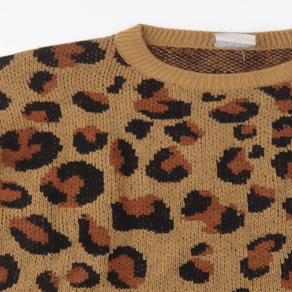 Beloved Womens Brown Crew Neck Animal Print Acrylic Pullover Jumper Size L