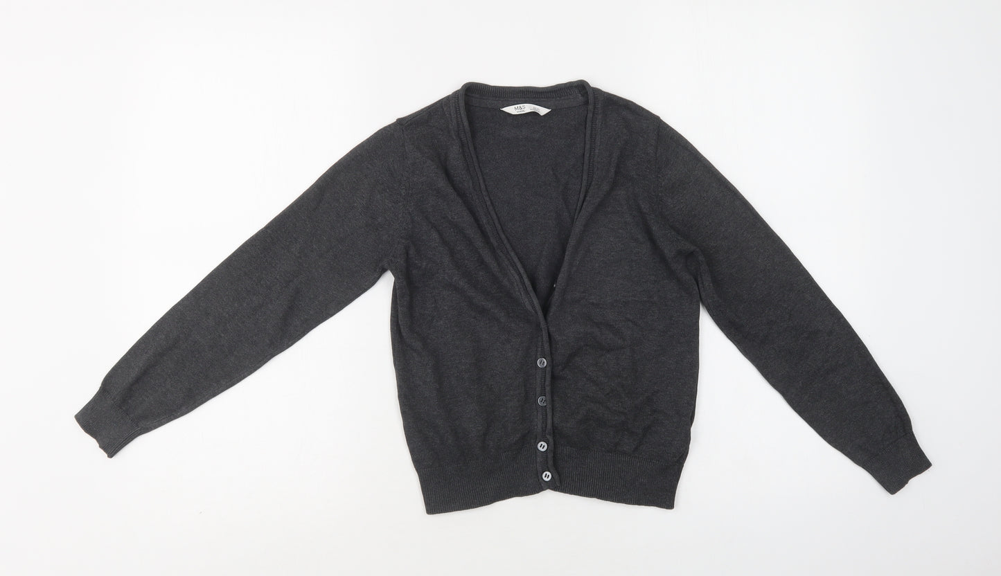 M&S Girls Grey V-Neck  Cotton Cardigan Jumper Size 8-9 Years  Button - School Wear