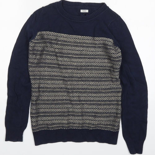 NEXT Womens Blue Round Neck Geometric Cotton Pullover Jumper Size 10