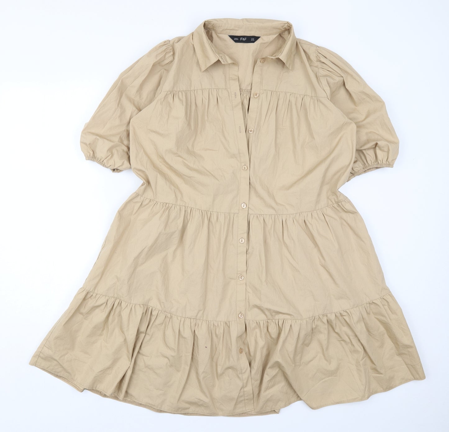 F&F Womens Beige  Cotton Trapeze & Swing  Size 12  Collared Button