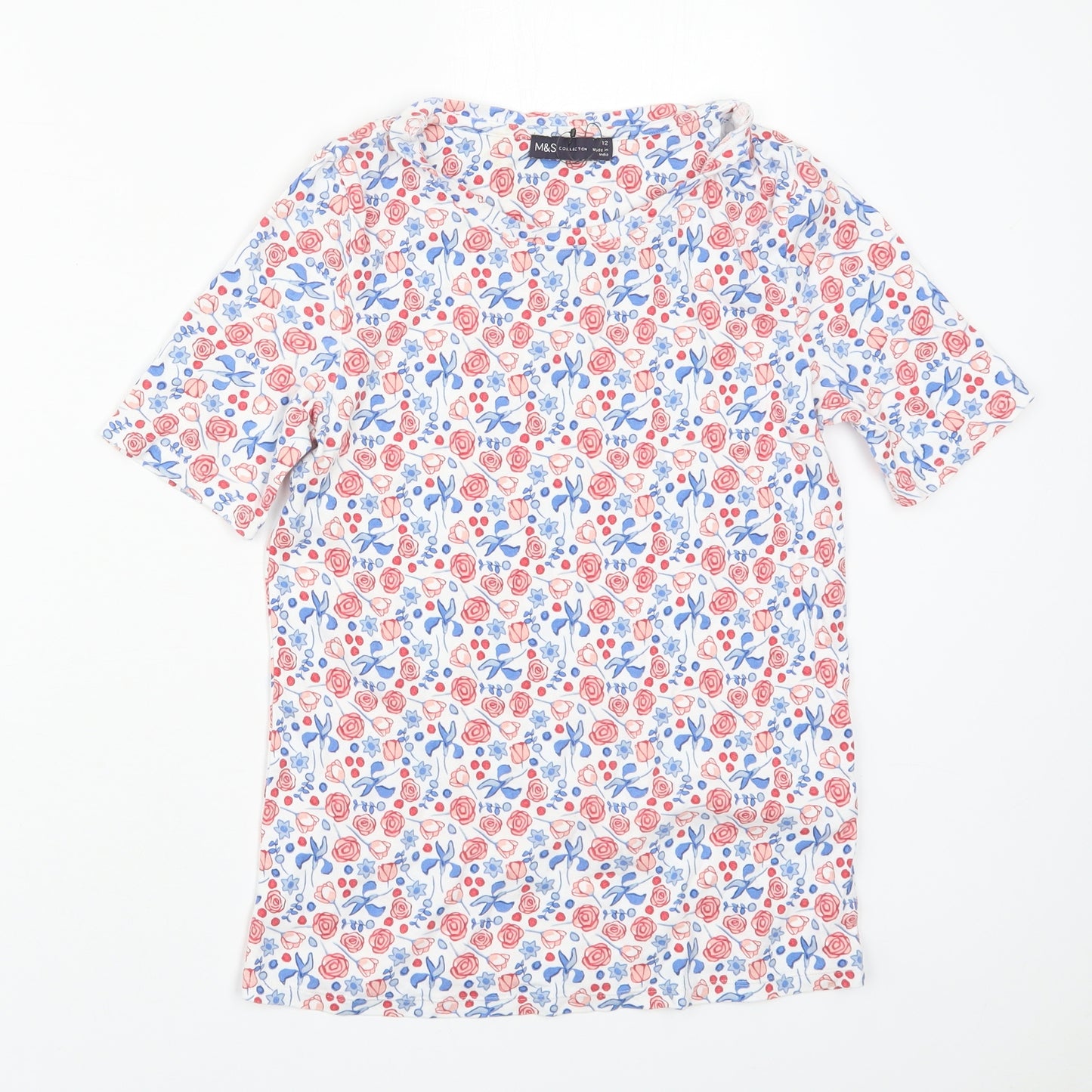 Marks and Spencer Womens Multicoloured Floral Cotton Basic T-Shirt Size 12 Round Neck