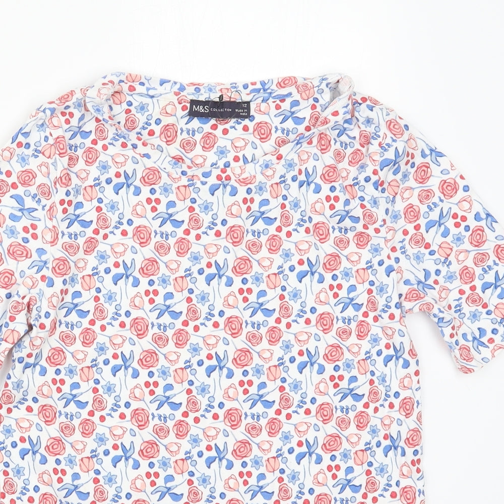 Marks and Spencer Womens Multicoloured Floral Cotton Basic T-Shirt Size 12 Round Neck