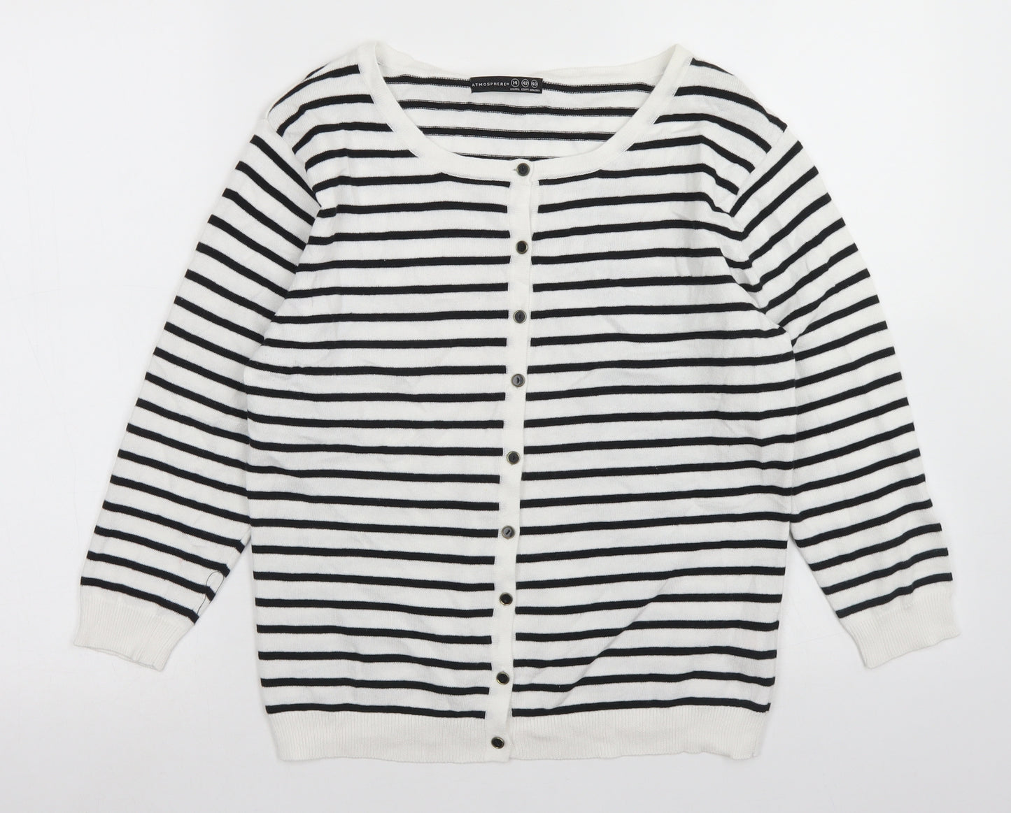 Atmosphere Womens White Crew Neck Striped Cotton Cardigan Jumper Size 14
