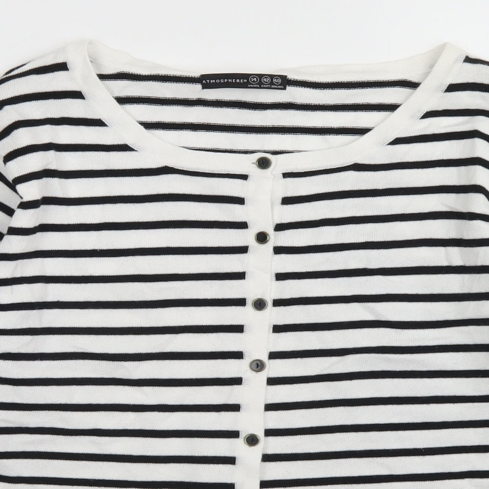 Atmosphere Womens White Crew Neck Striped Cotton Cardigan Jumper Size 14