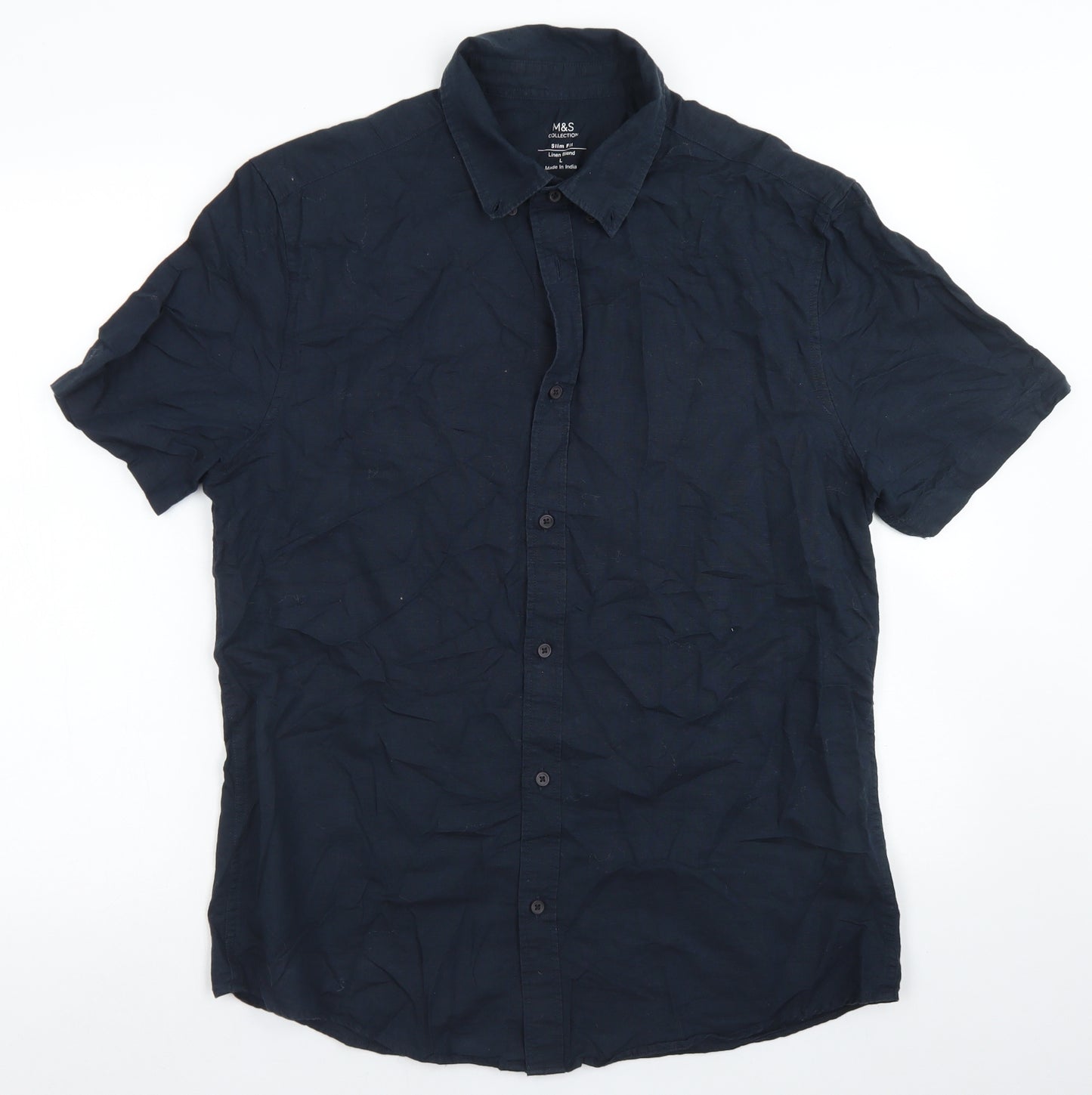 M&S Mens Blue  Cotton  Button-Up Size L Collared Button
