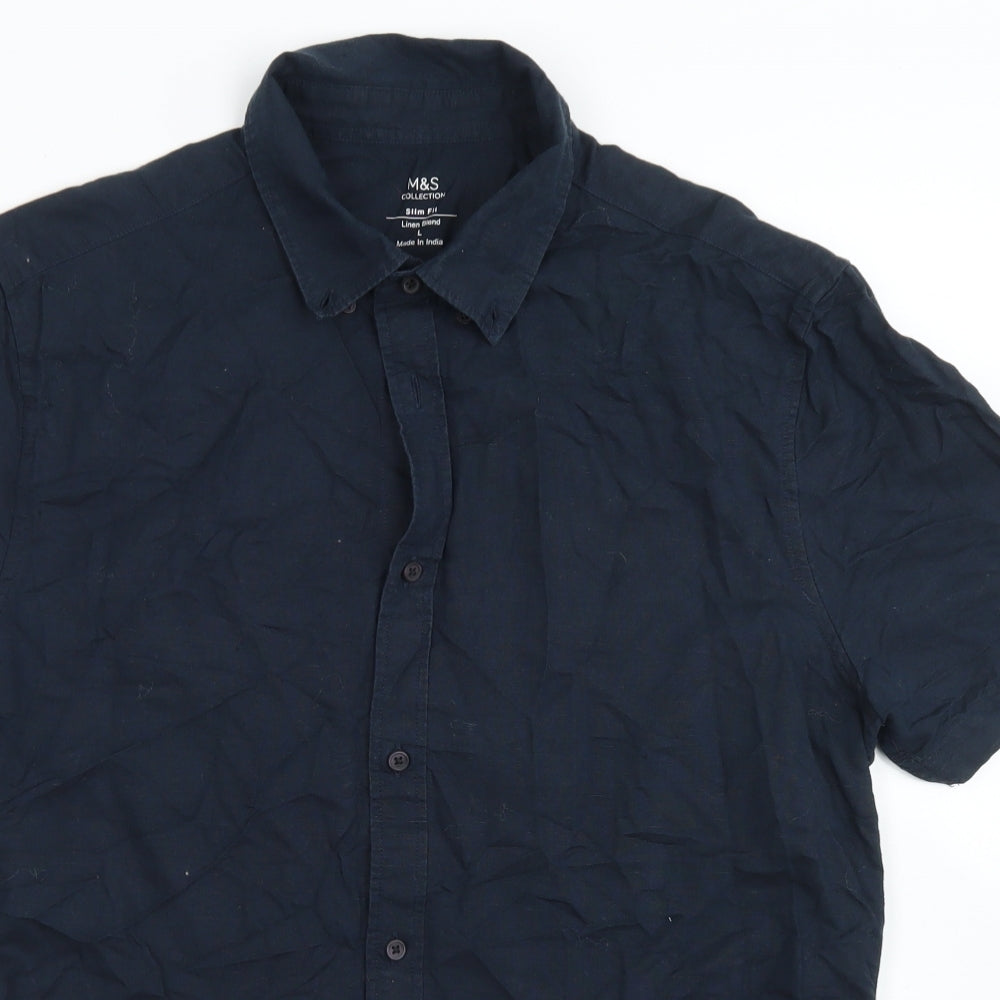 M&S Mens Blue  Cotton  Button-Up Size L Collared Button