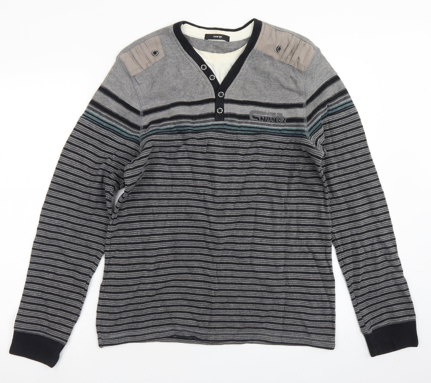 George Mens Grey Round Neck Striped Cotton Pullover Jumper Size M