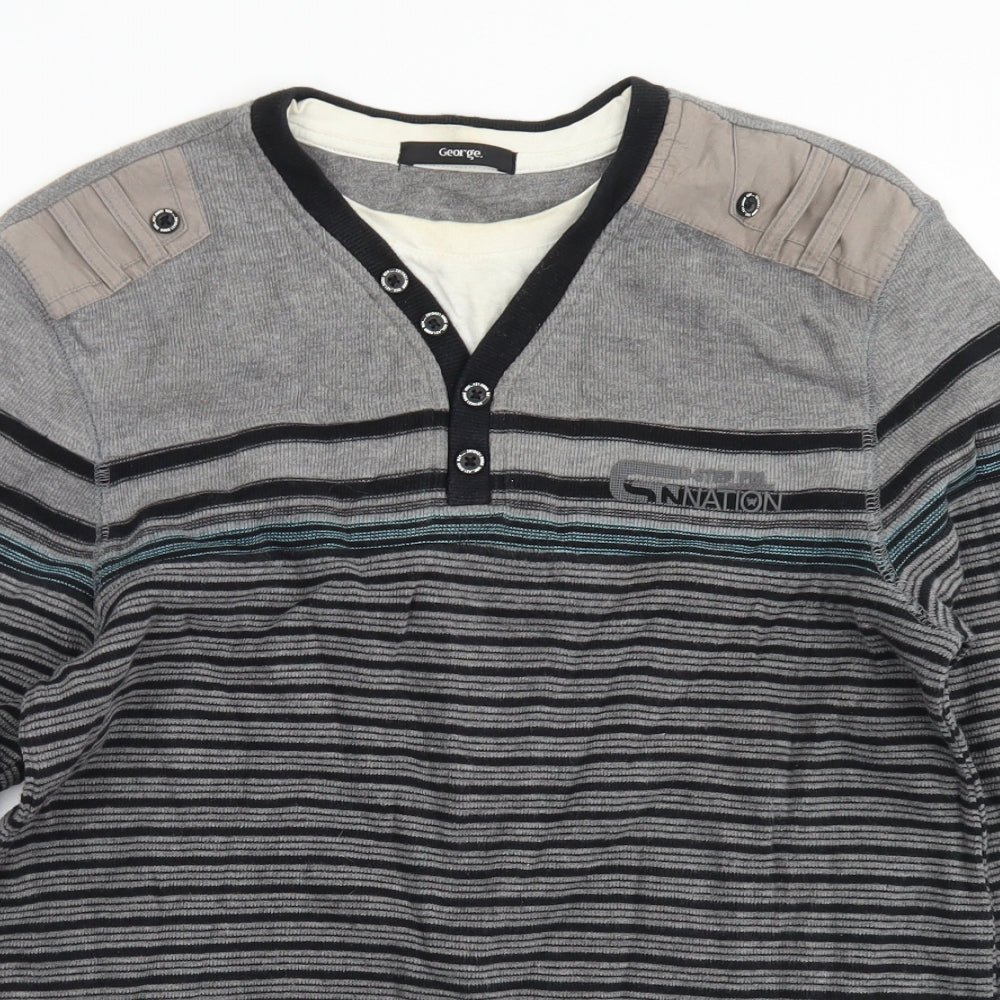 George Mens Grey Round Neck Striped Cotton Pullover Jumper Size M