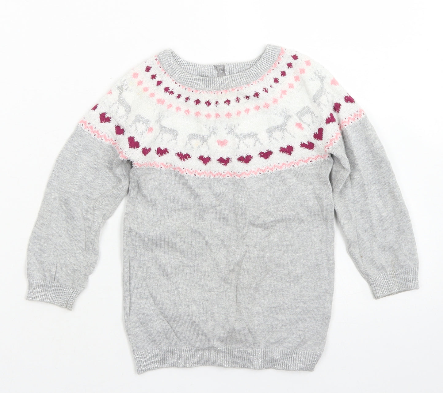 Young Dimension Girls Grey Fair Isle Cotton Pullover Jumper Size 9-12 Months  Button - Christmas Jumper