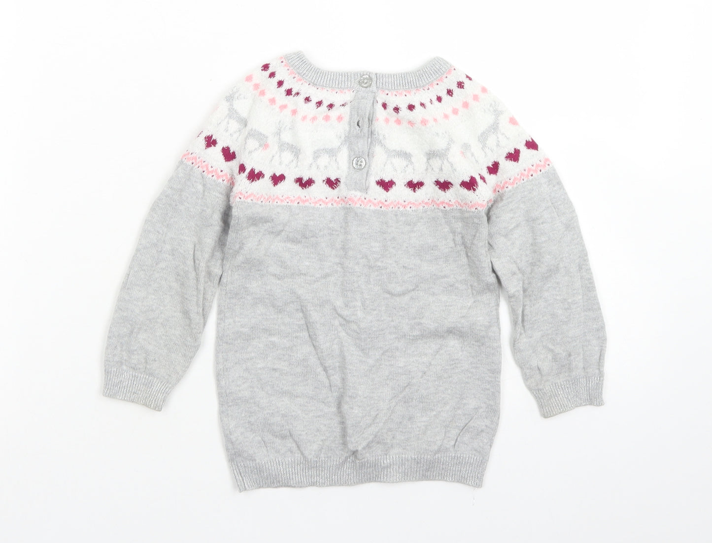 Young Dimension Girls Grey Fair Isle Cotton Pullover Jumper Size 9-12 Months  Button - Christmas Jumper