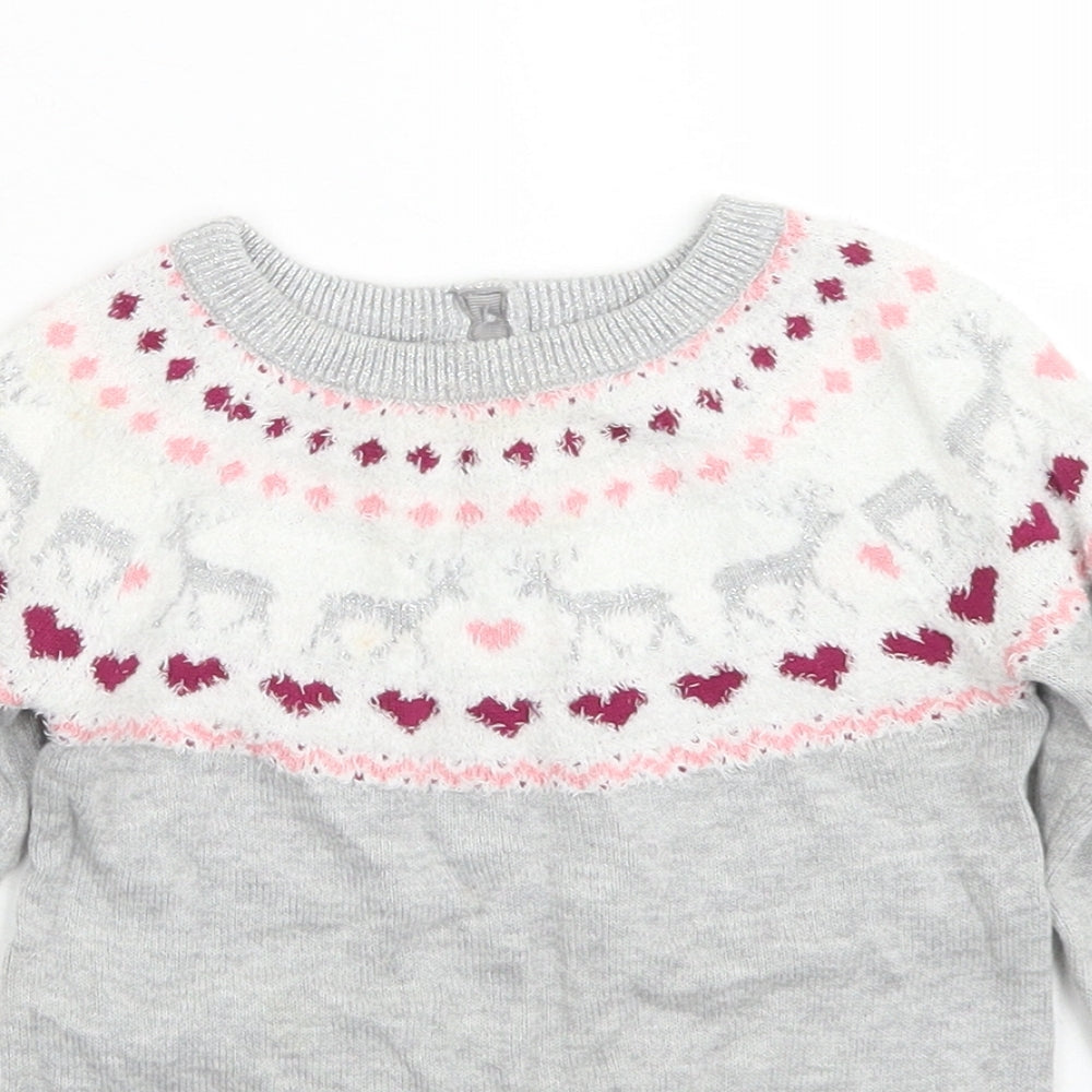 Young Dimension Girls Grey Fair Isle Cotton Pullover Jumper Size 9-12 Months  Button - Christmas Jumper