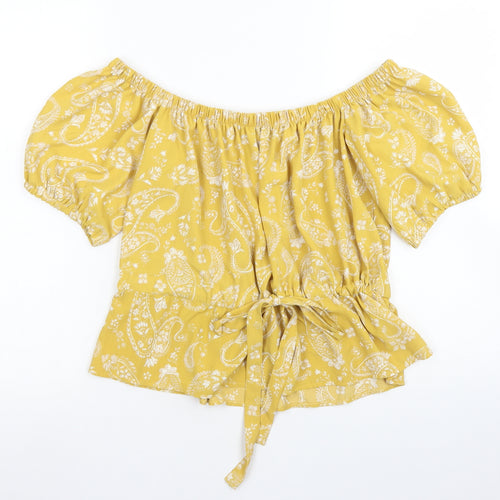 Primark Womens Yellow Paisley Polyester Basic Blouse Size 6 Off the Shoulder