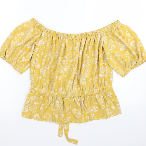 Primark Womens Yellow Paisley Polyester Basic Blouse Size 6 Off the Shoulder
