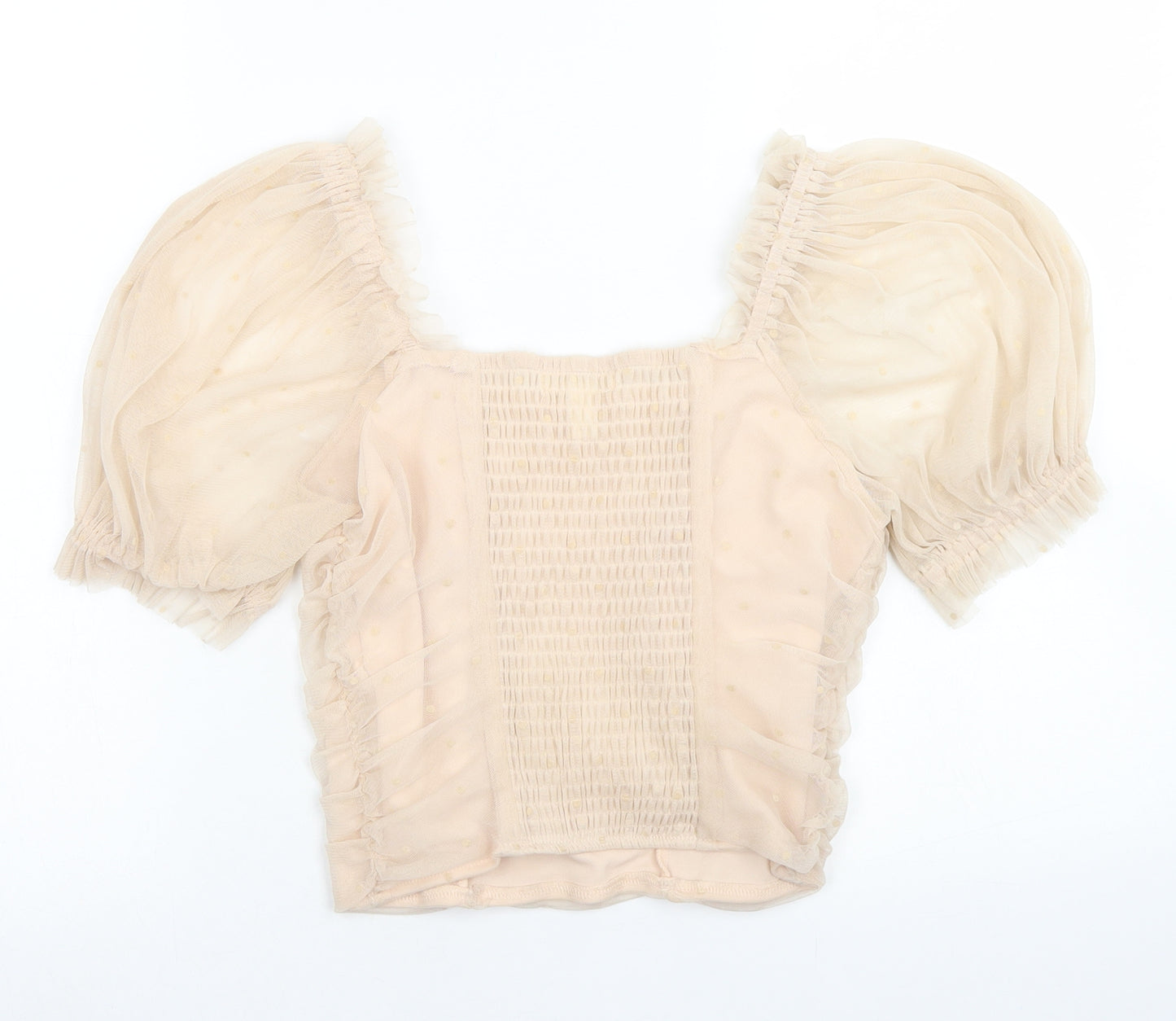H&M Womens Beige Polka Dot Polyester Cropped Blouse Size 8 Square Neck - Puff Sleeve