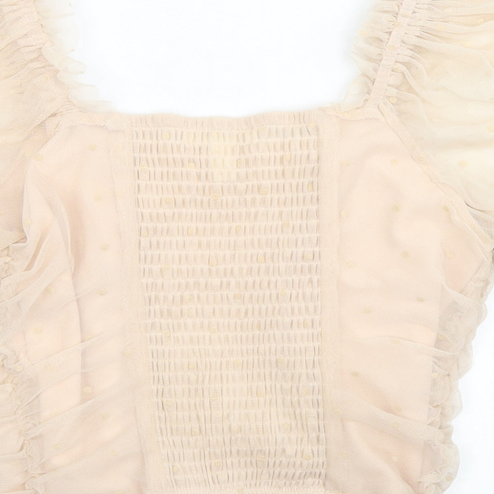 H&M Womens Beige Polka Dot Polyester Cropped Blouse Size 8 Square Neck - Puff Sleeve
