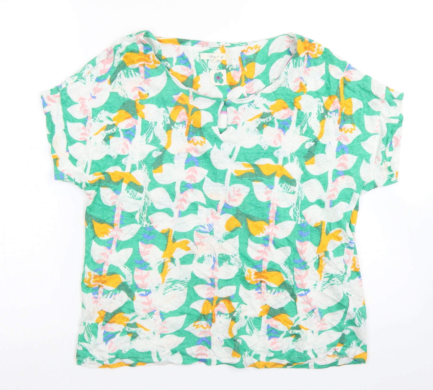 White Stuff Womens White Floral Linen Basic T-Shirt Size 12 Round Neck
