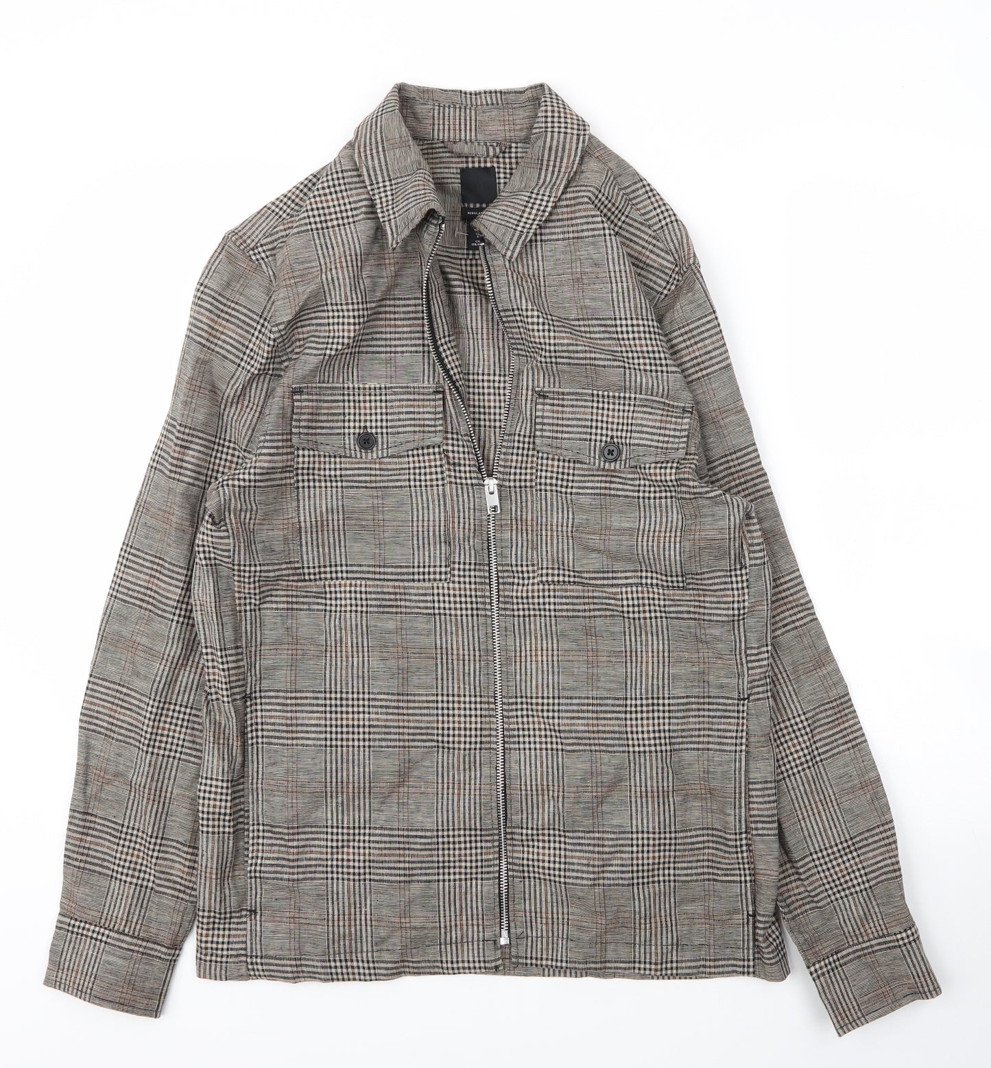 H&M Mens Beige Plaid Linen  T-Shirt Size S Collared