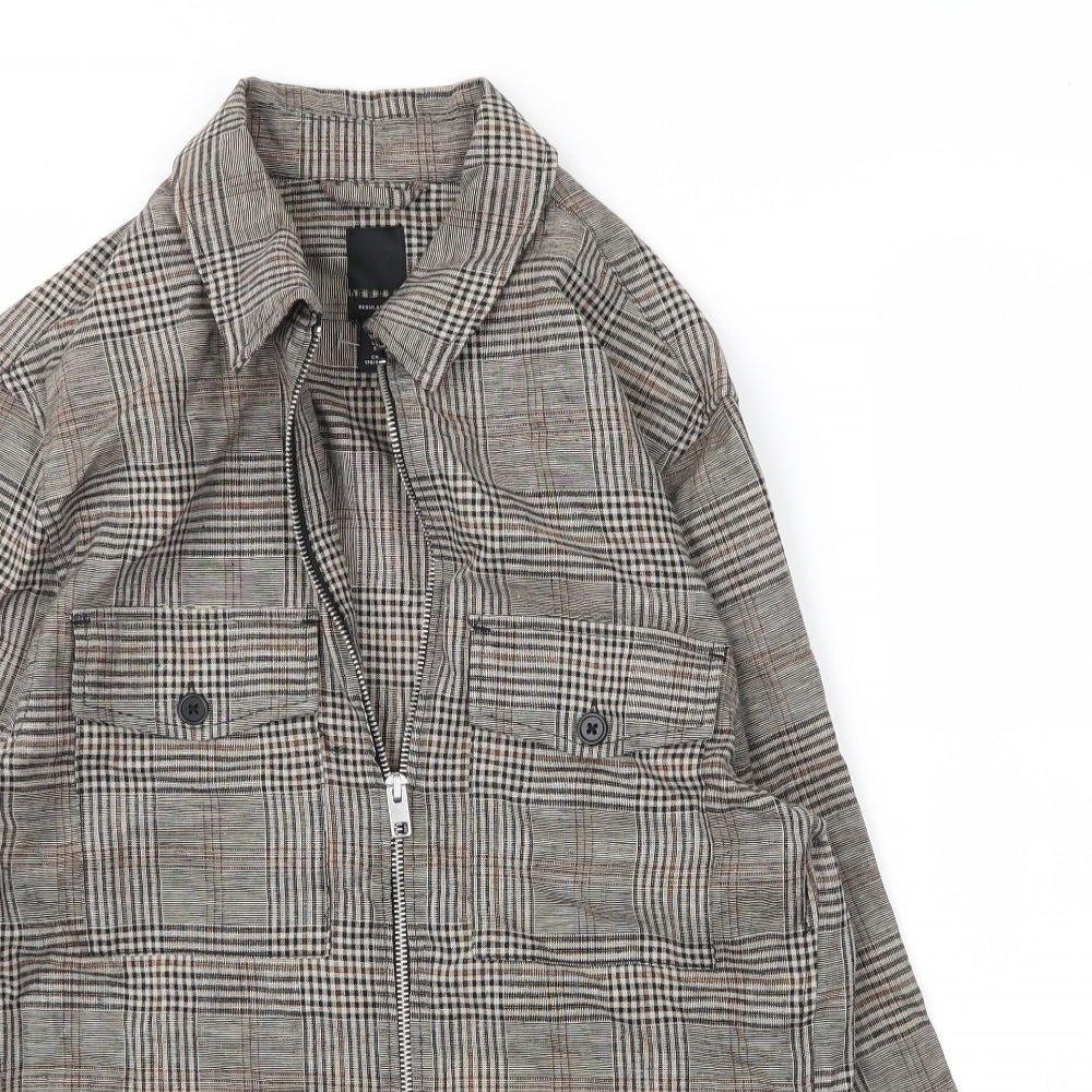 H&M Mens Beige Plaid Linen  T-Shirt Size S Collared