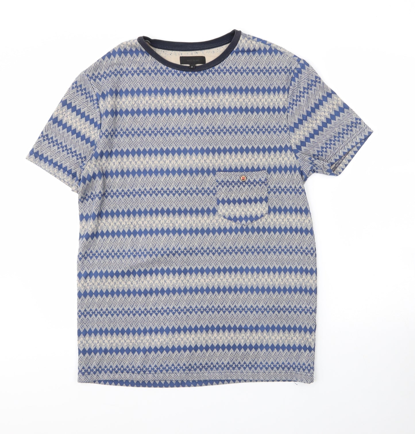River Island Mens Blue Geometric Cotton  T-Shirt Size S Round Neck