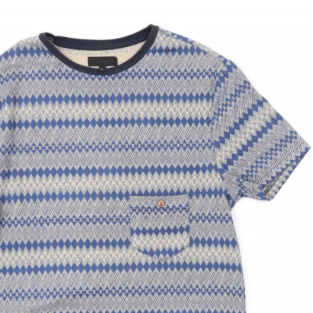 River Island Mens Blue Geometric Cotton  T-Shirt Size S Round Neck
