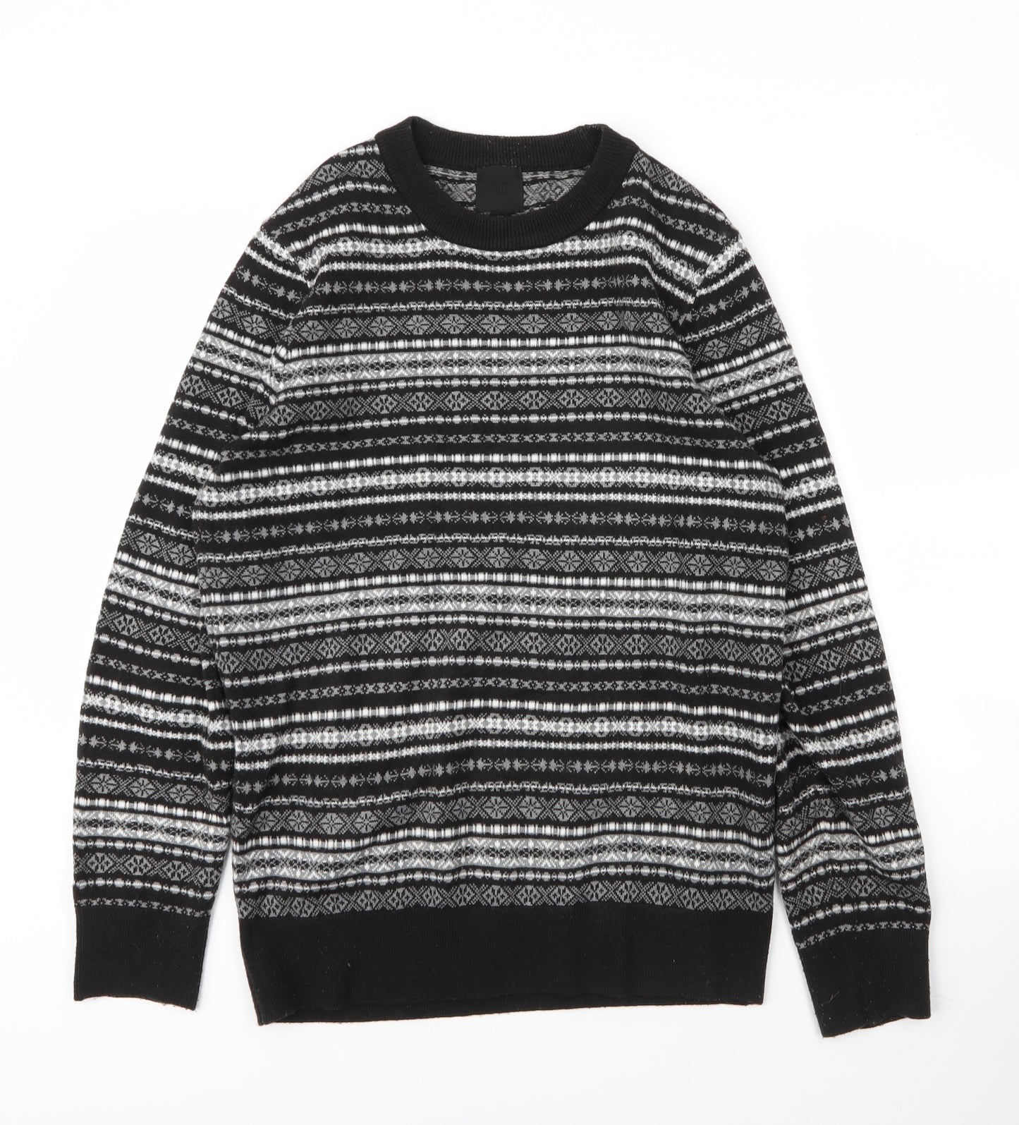 H&M Mens Grey Round Neck Fair Isle Acrylic Pullover Jumper Size S