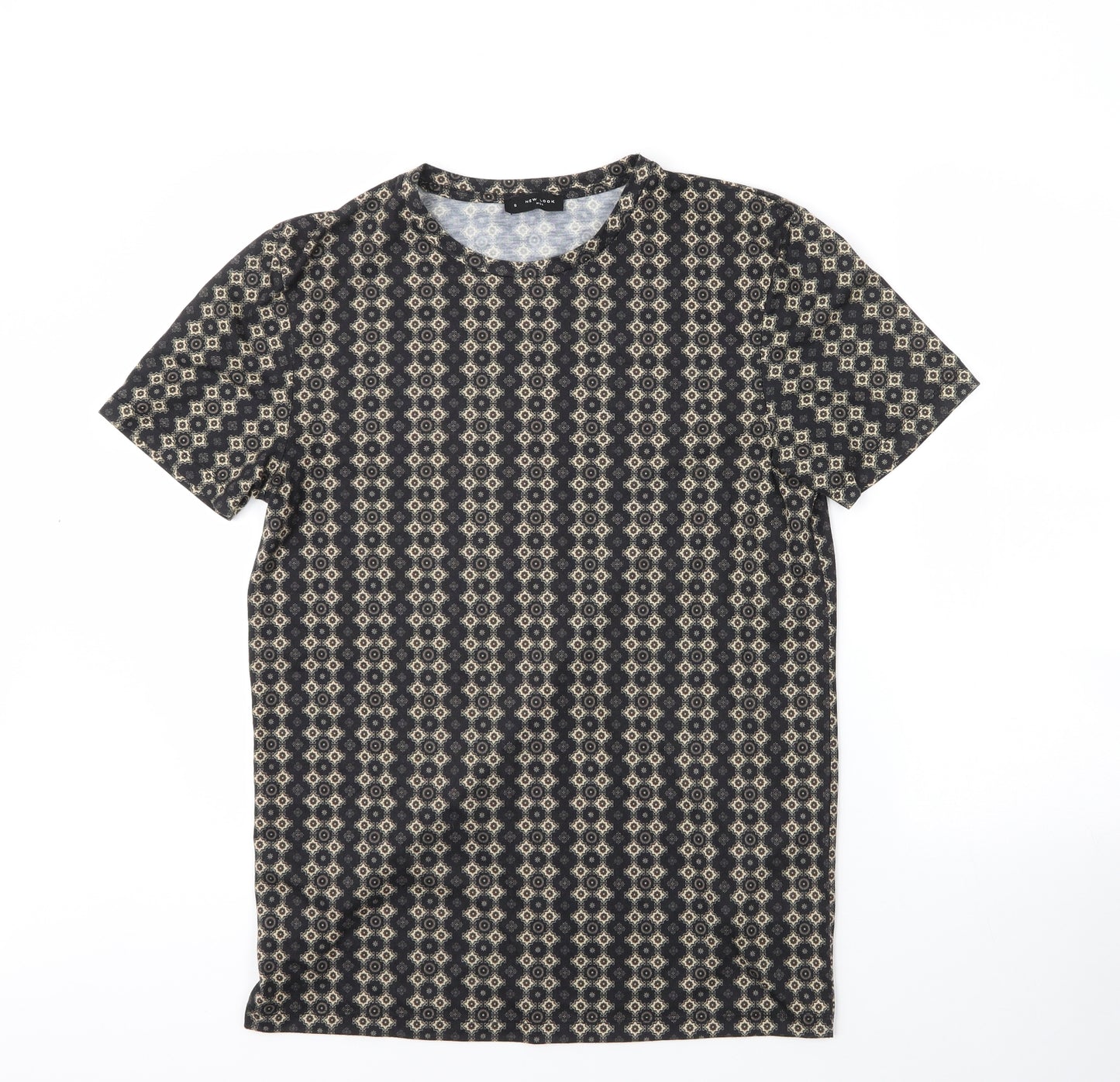 New Look Mens Black Geometric Polyester  T-Shirt Size S Round Neck