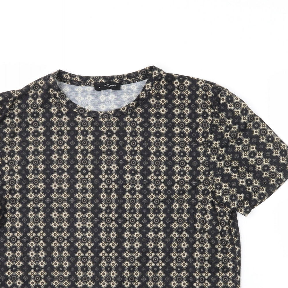 New Look Mens Black Geometric Polyester  T-Shirt Size S Round Neck