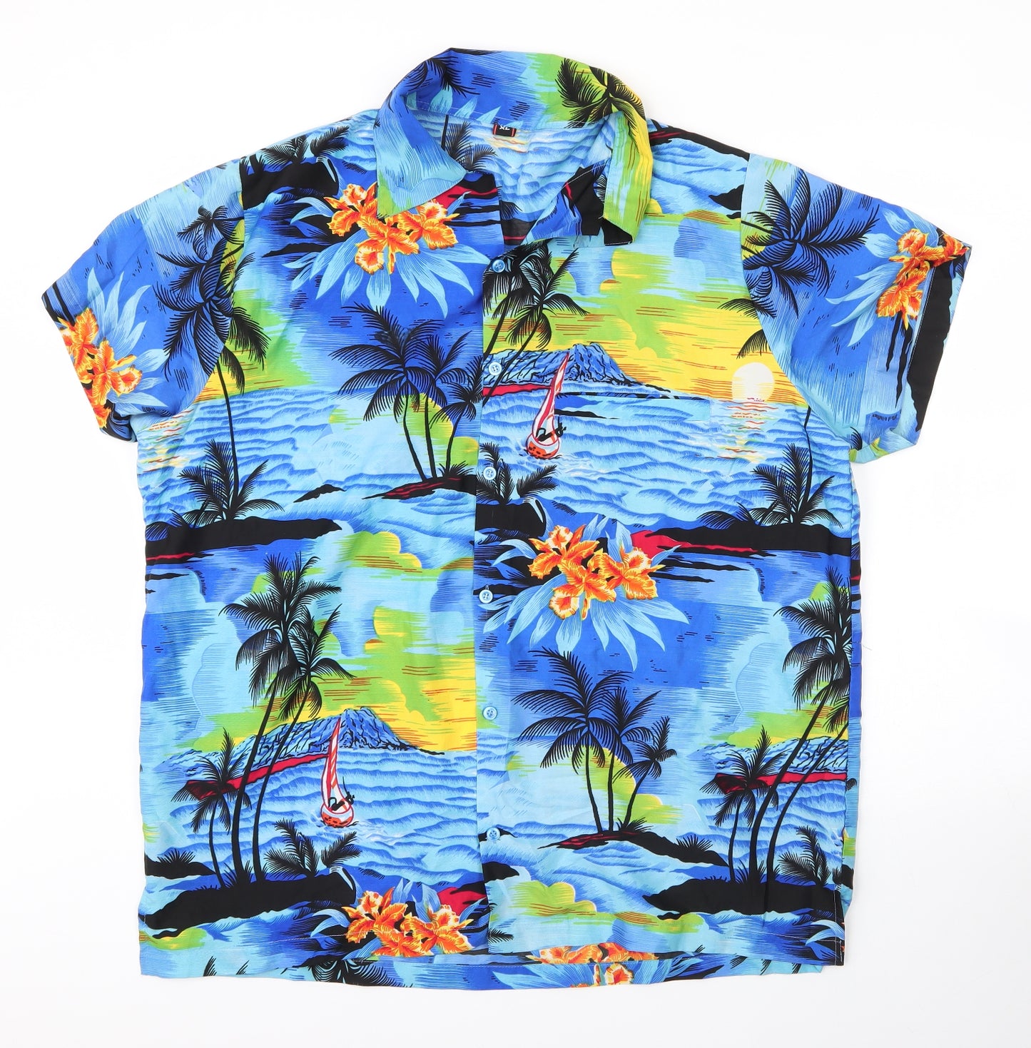 Preworn Mens Blue Floral Polyester  Button-Up Size XL Collared Button