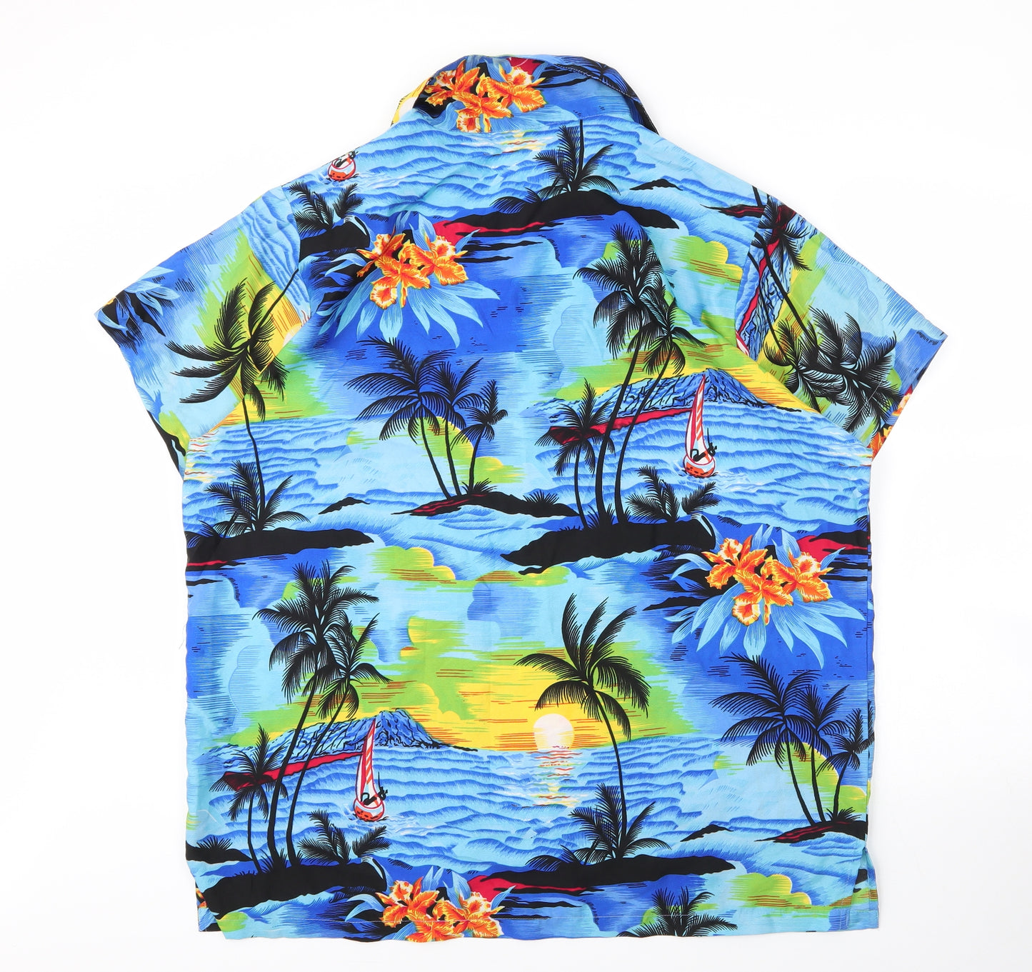 Preworn Mens Blue Floral Polyester  Button-Up Size XL Collared Button