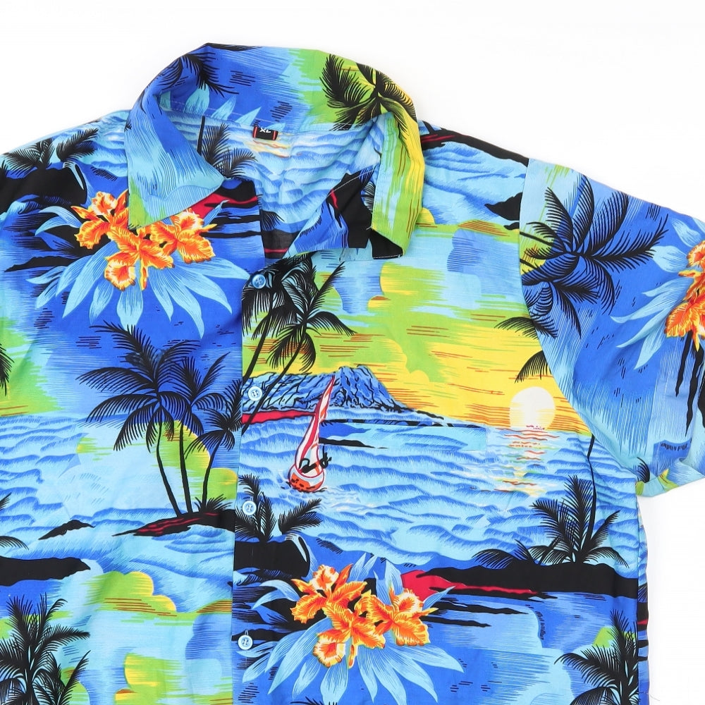 Preworn Mens Blue Floral Polyester  Button-Up Size XL Collared Button