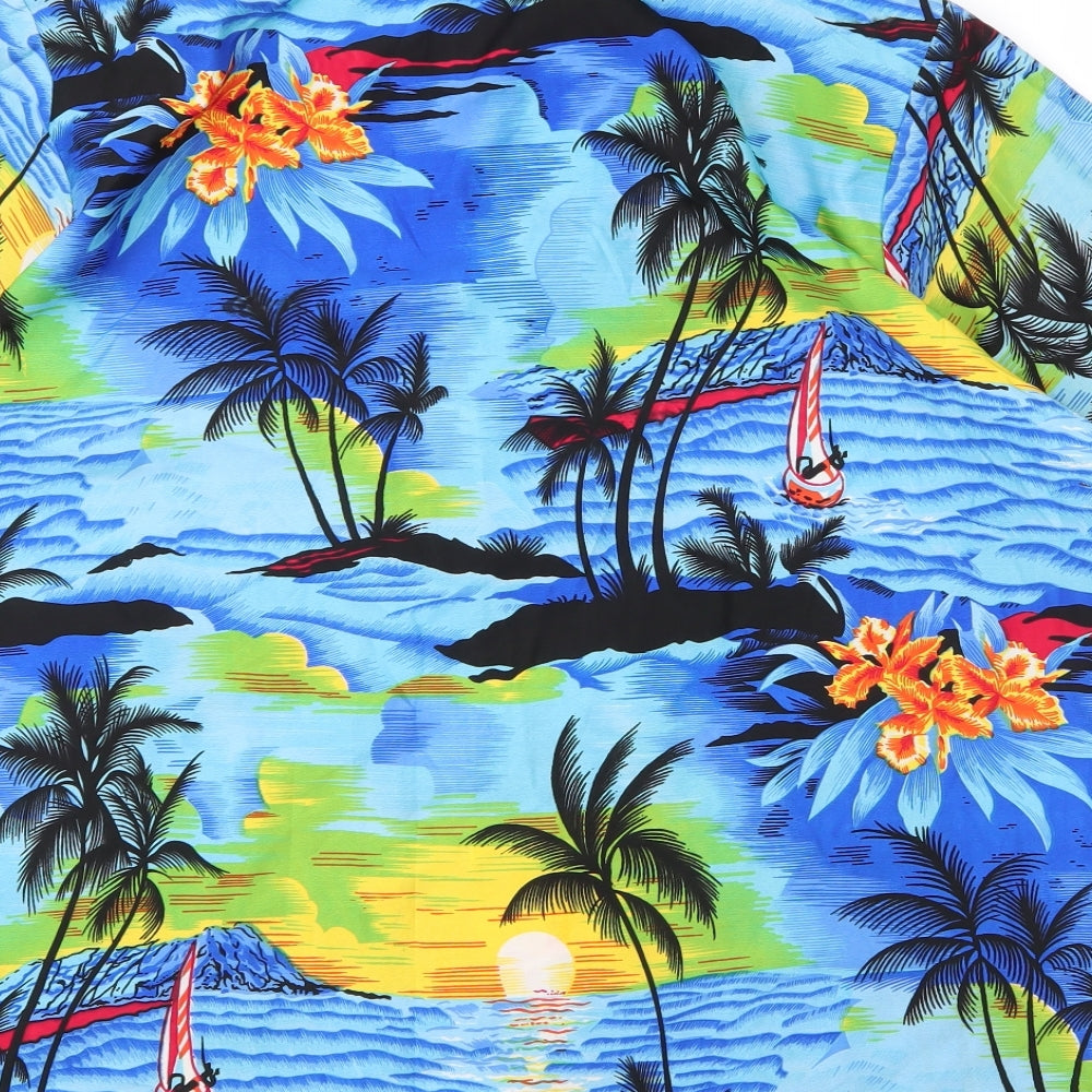 Preworn Mens Blue Floral Polyester  Button-Up Size XL Collared Button