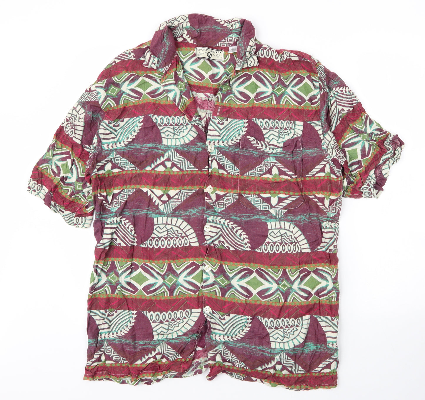 Topman Mens Purple Geometric Viscose  Button-Up Size L Collared Button