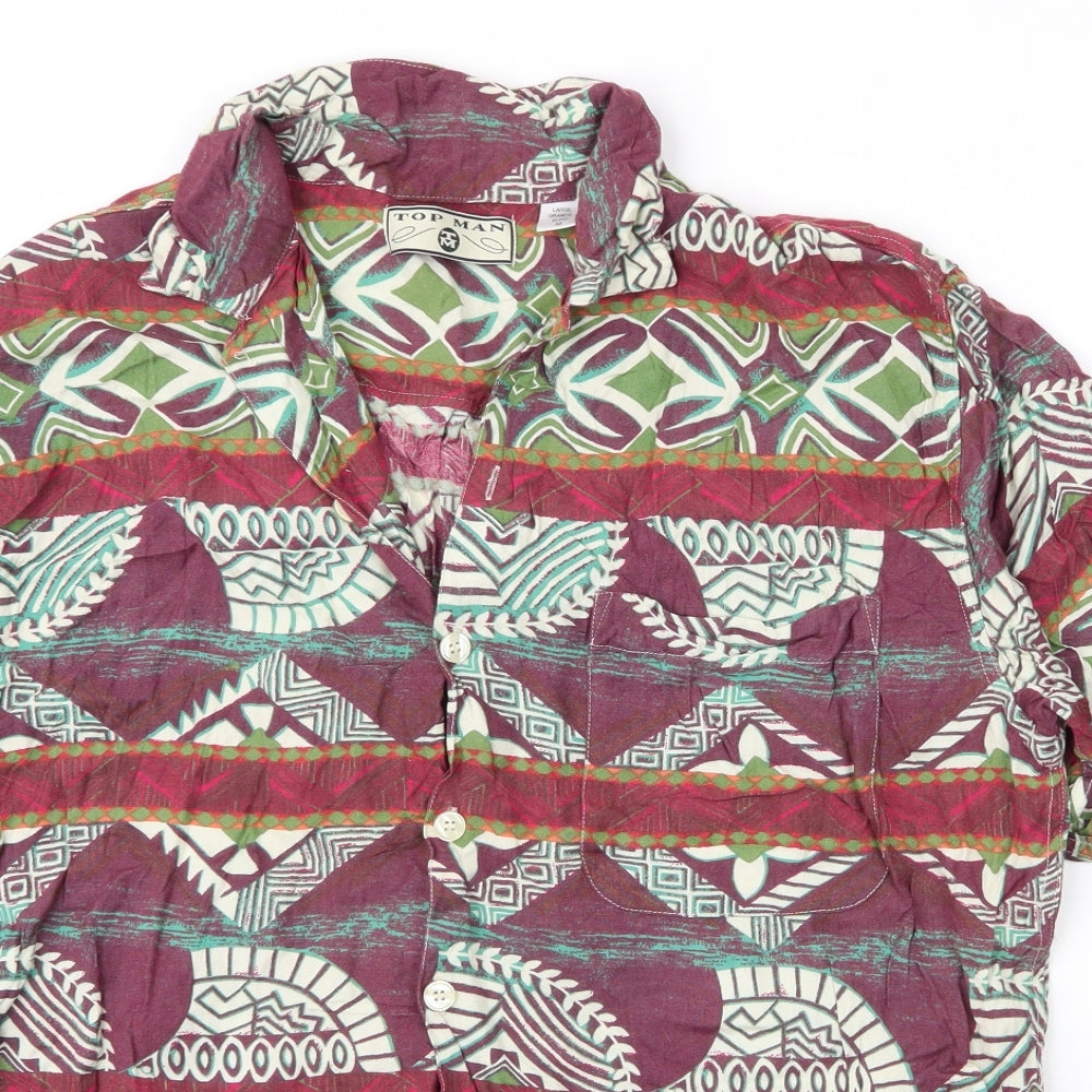 Topman Mens Purple Geometric Viscose  Button-Up Size L Collared Button