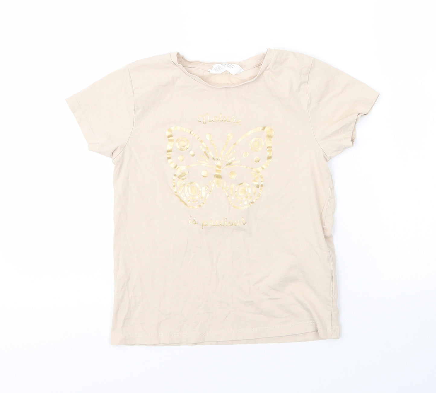 H&M Girls Beige  Cotton Basic T-Shirt Size 7 Years Round Neck  - Butterfly