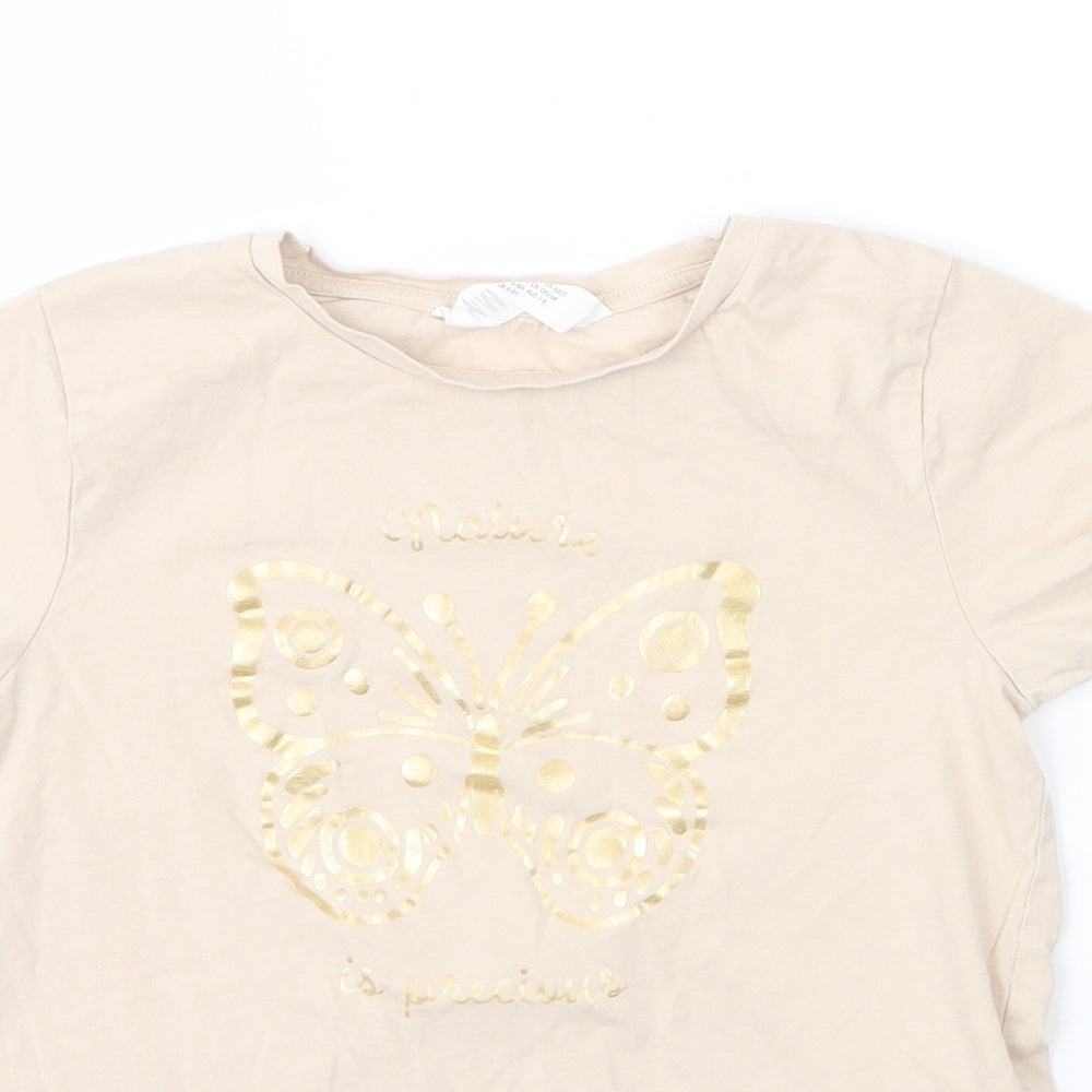 H&M Girls Beige  Cotton Basic T-Shirt Size 7 Years Round Neck  - Butterfly
