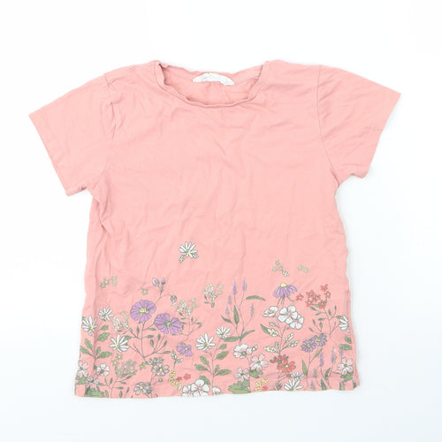 H&M Girls Pink Floral Cotton Basic T-Shirt Size 7 Years Round Neck
