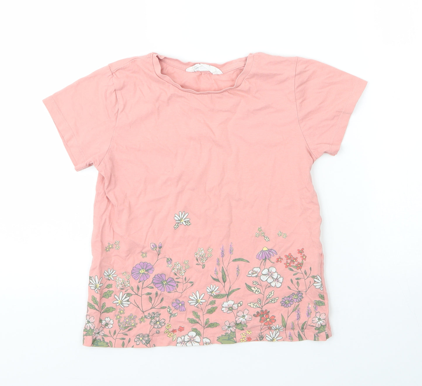 H&M Girls Pink Floral Cotton Basic T-Shirt Size 7 Years Round Neck