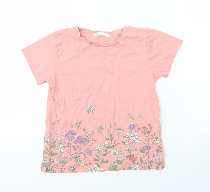 H&M Girls Pink Floral Cotton Basic T-Shirt Size 7 Years Round Neck