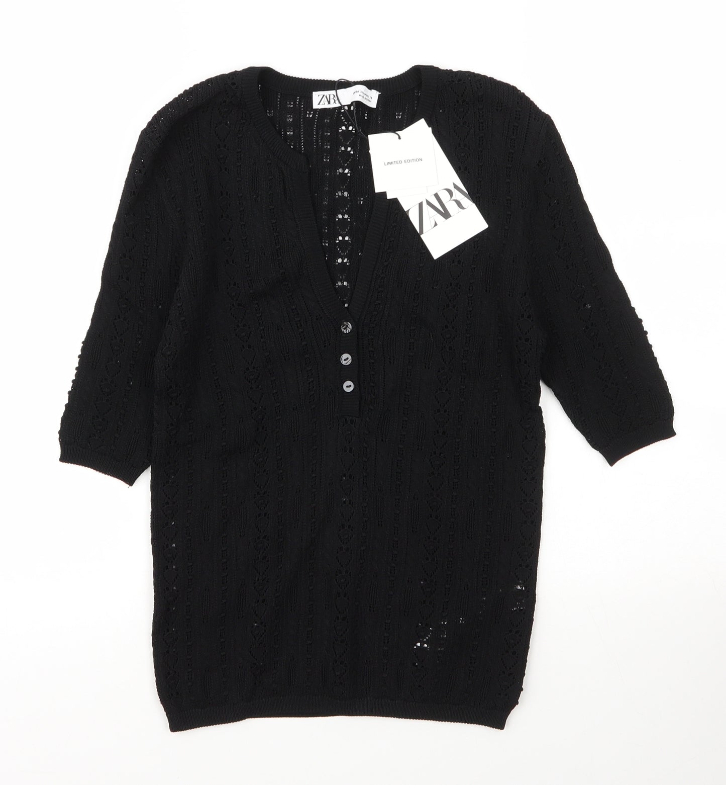 Zara Womens Black V-Neck  Viscose Cardigan Jumper Size M