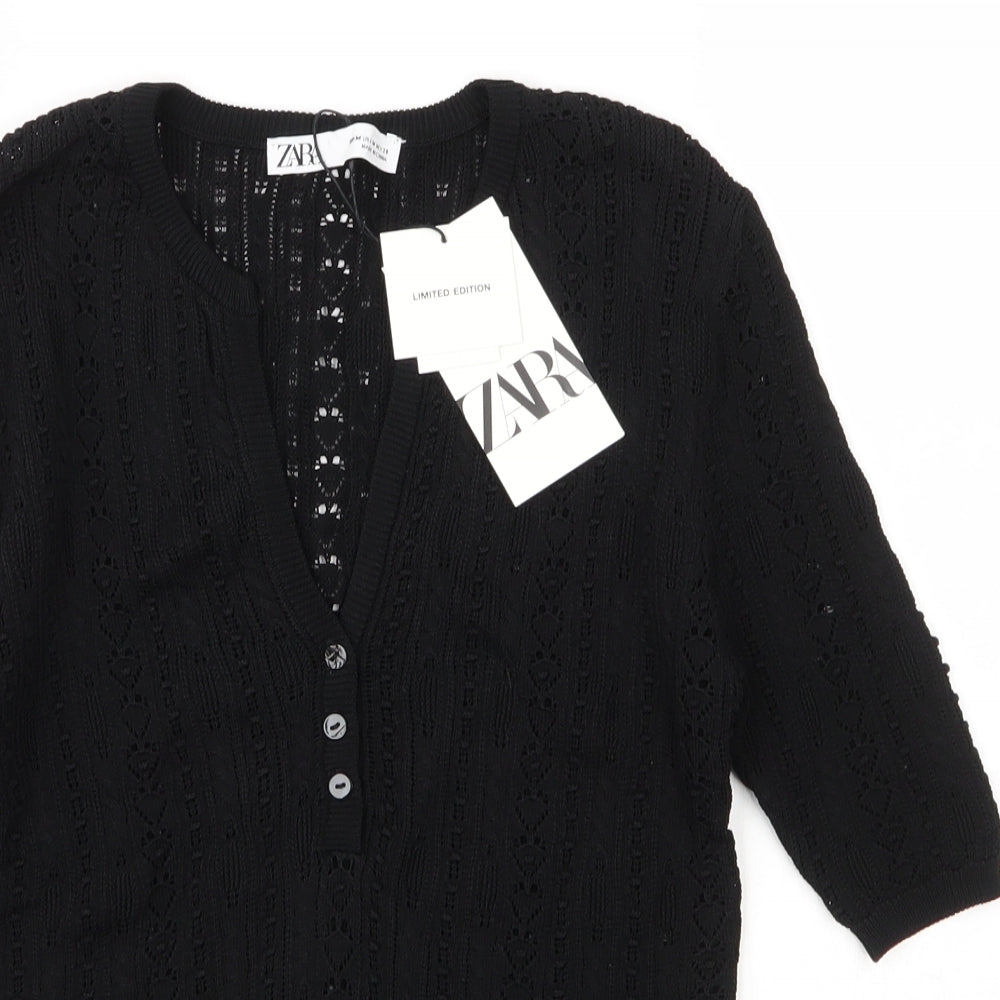 Zara Womens Black V-Neck  Viscose Cardigan Jumper Size M