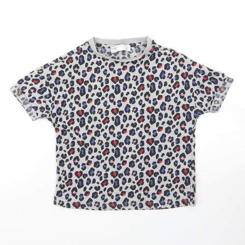 M&S Girls Grey Animal Print Cotton Basic T-Shirt Size 7 Years Round Neck  - Leopard Print