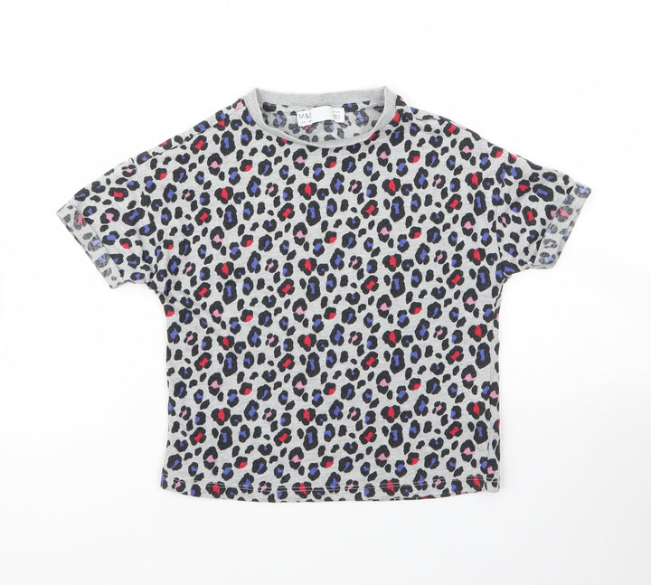 M&S Girls Grey Animal Print Cotton Basic T-Shirt Size 7 Years Round Neck  - Leopard Print