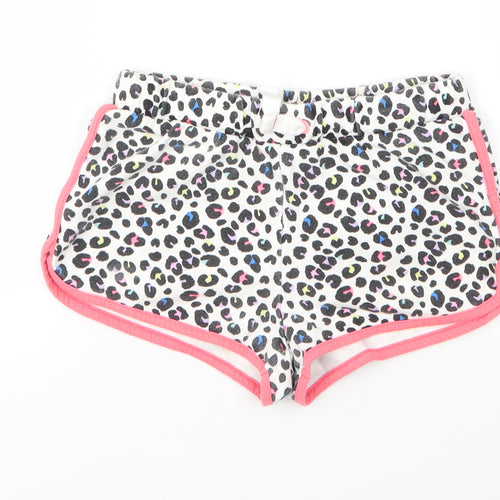 M&S Girls White Animal Print Cotton Cut-Off Shorts Size 8 Years  Regular Drawstring - Leopard print