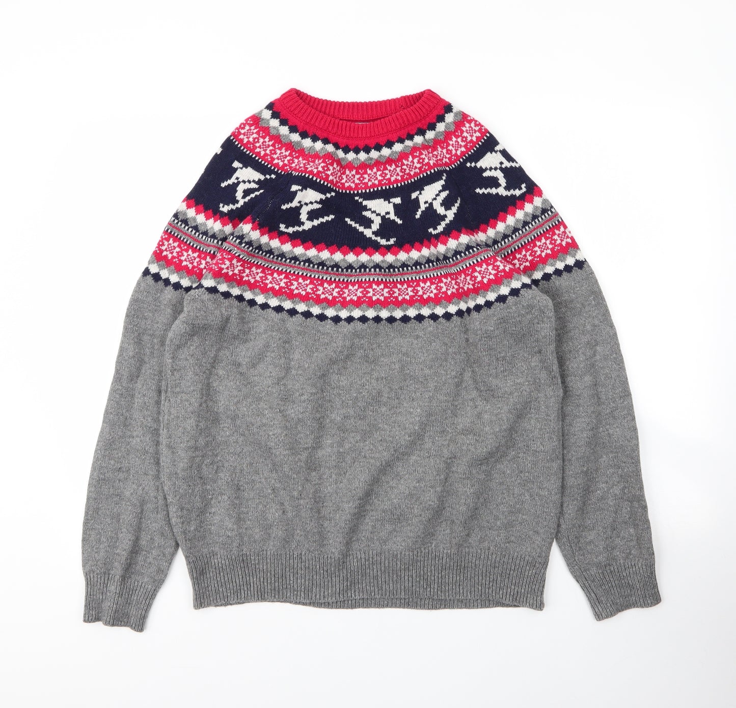 TU Mens Grey Round Neck Fair Isle Acrylic Pullover Jumper Size L