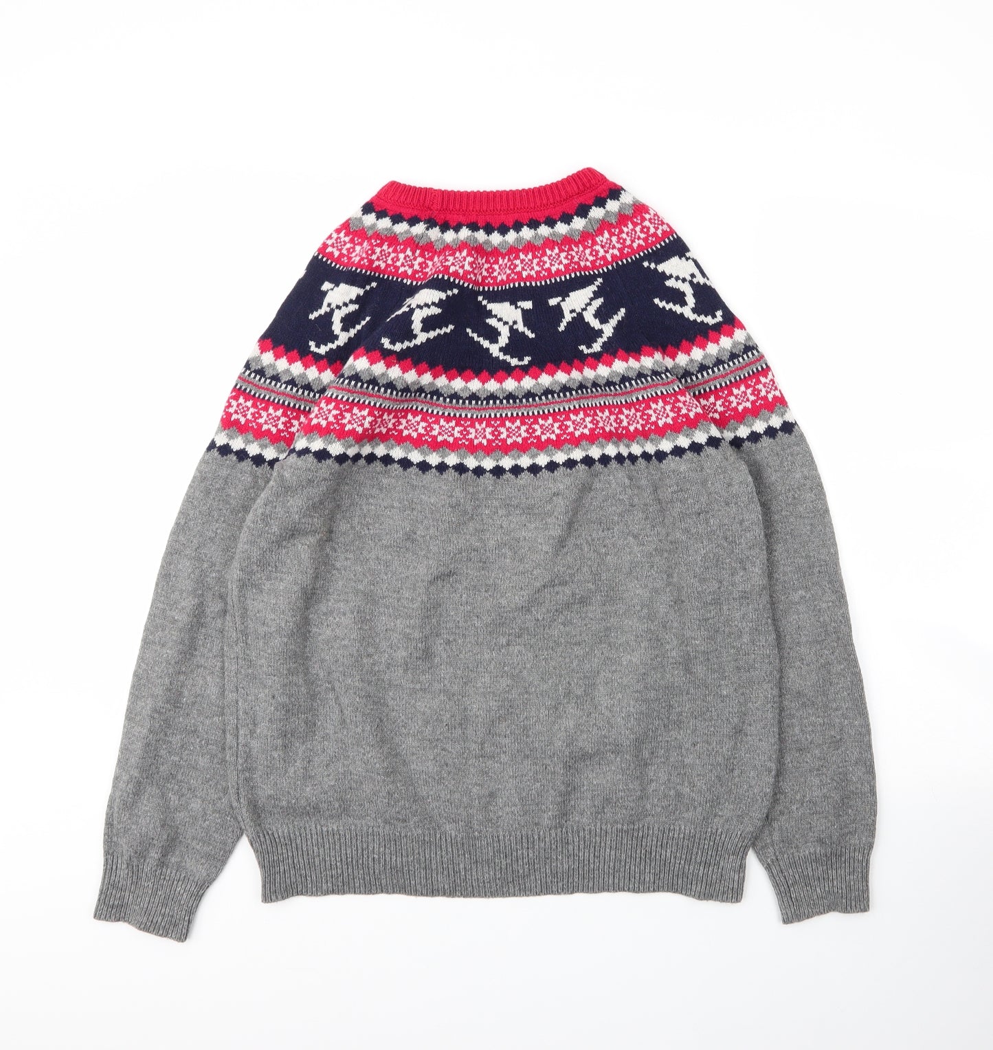 TU Mens Grey Round Neck Fair Isle Acrylic Pullover Jumper Size L